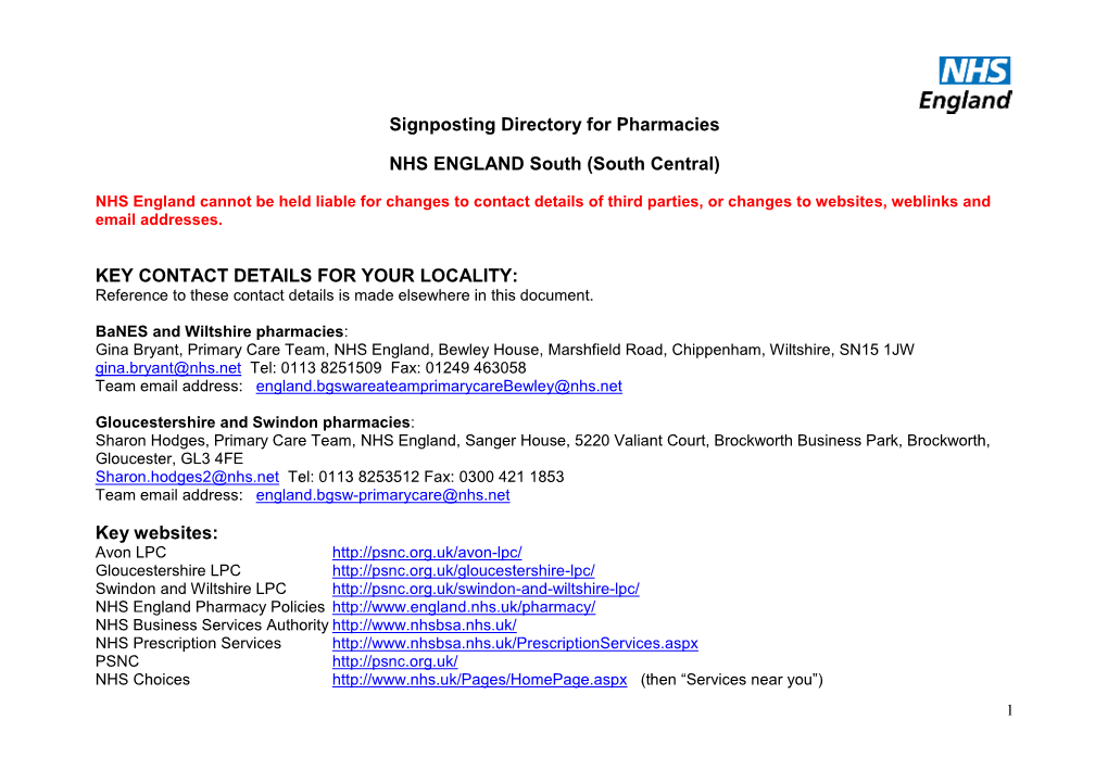 Signposting Directory for Pharmacies NHS ENGLAND South
