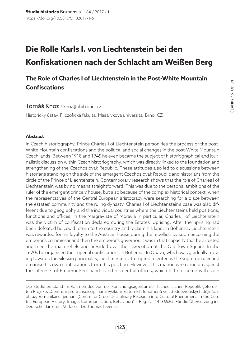 Die Rolle Karls I. Von Liechtenstein Bei Den Konfiskationen Nach Der Schlacht Am Weißen Berg