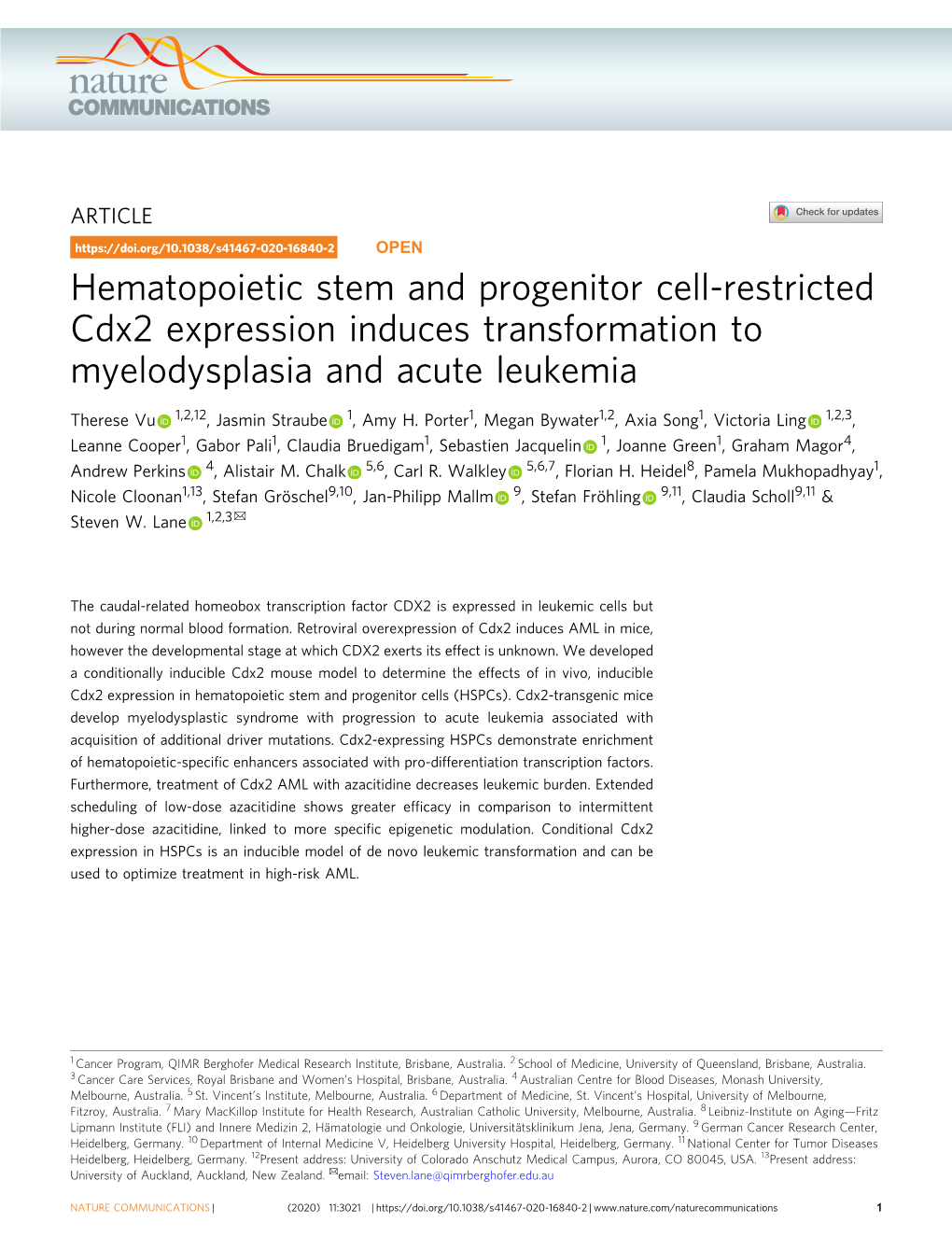 Hematopoietic Stem and Progenitor Cell-Restricted Cdx2 Expression Induces Transformation to Myelodysplasia and Acute Leukemia