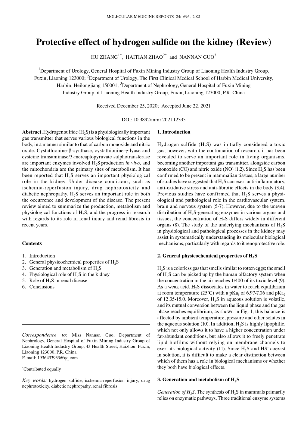 Protective Effect of Hydrogen Sulfide on the Kidney (Review)