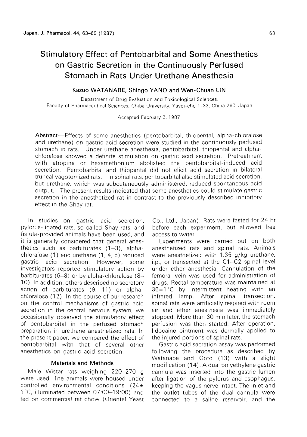 Stimulatory Effect of Pentobarbital and Some Anesthetics on Gastric Secretion in the Continuously Perfused Stomach in Rats Under Urethane Anesthesia