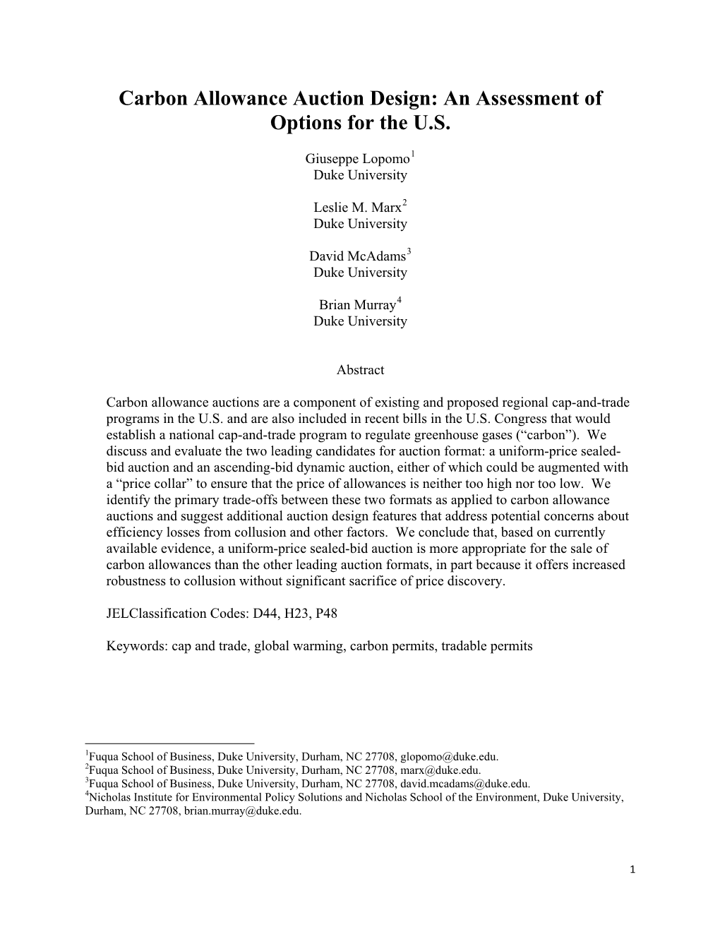 Carbon Allowance Auction Design: an Assessment of Options for the U.S