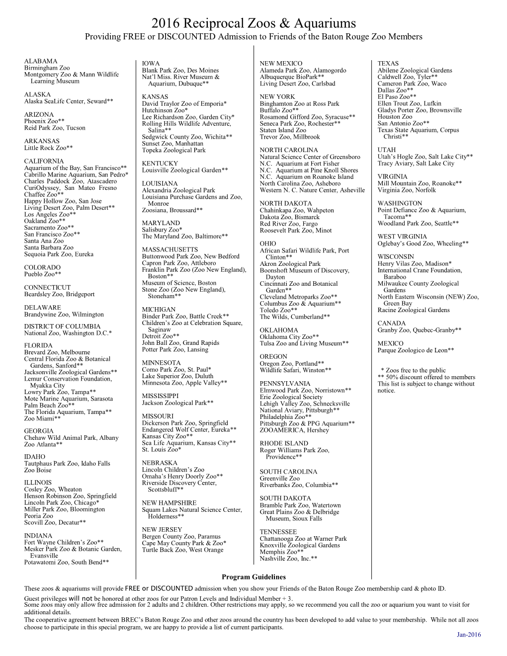 2016 Reciprocal Zoos & Aquariums