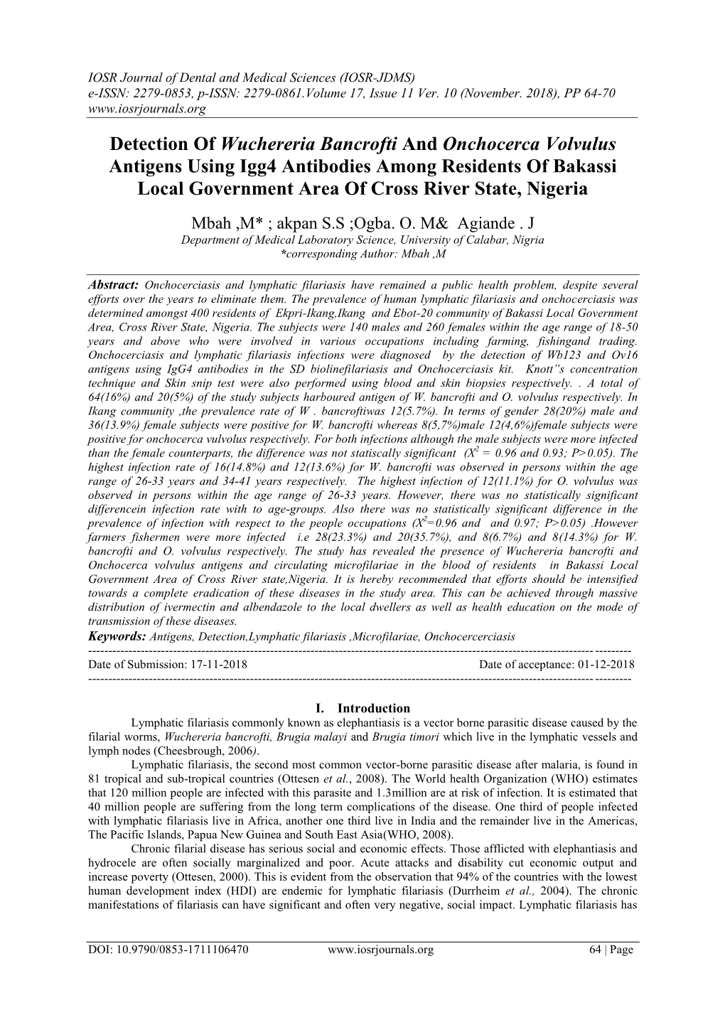 Detection of Wuchereria Bancrofti and Onchocerca Volvulus Antigens