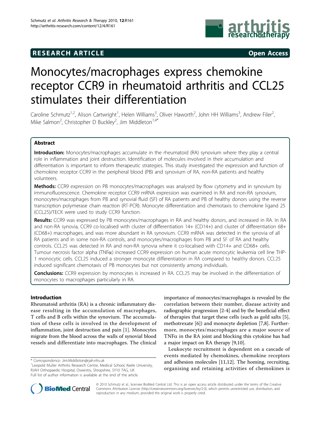 Monocytes/Macrophages Express Chemokine Receptor CCR9 In