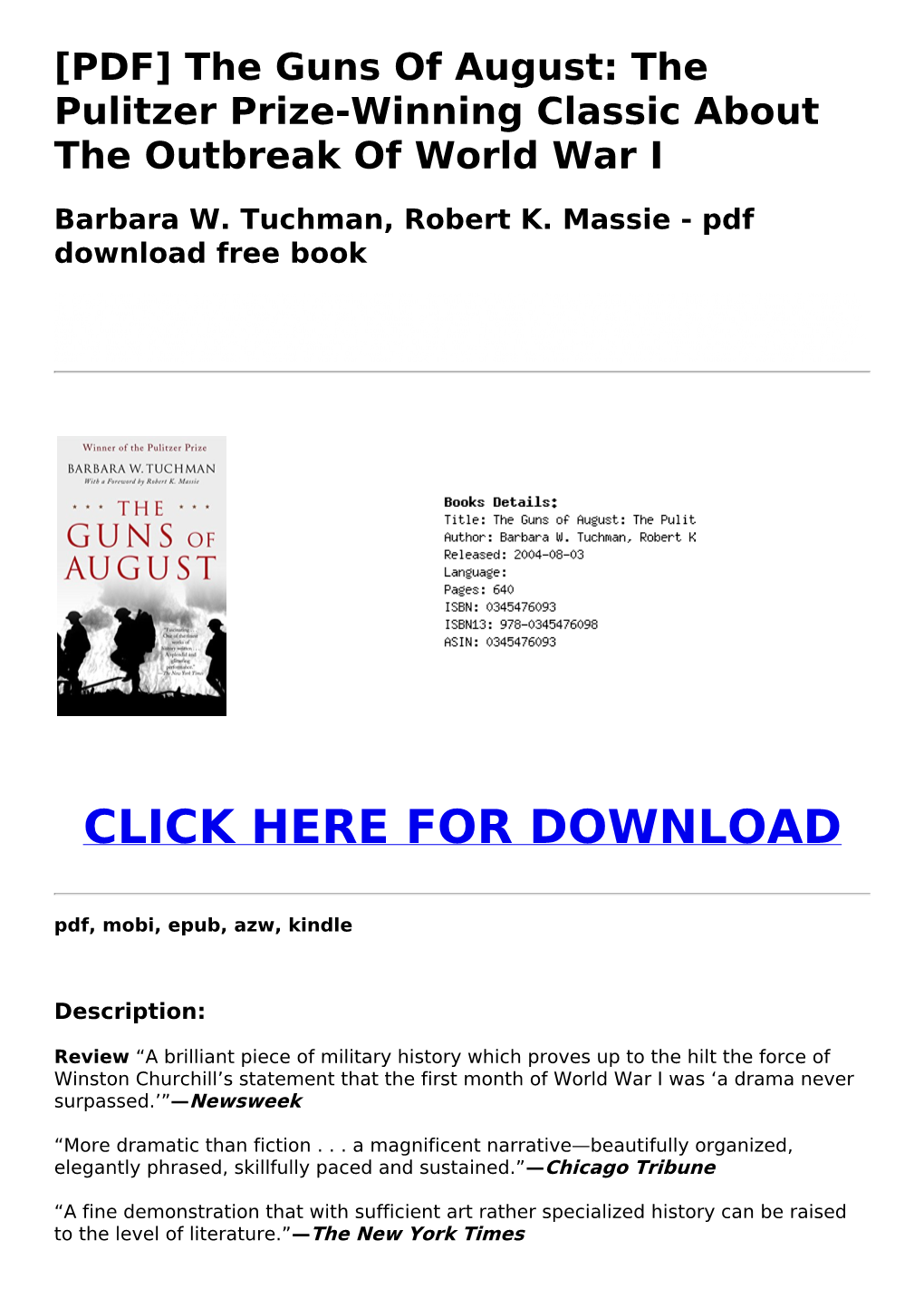 Pdf the Guns of August: the Pulitzer Prize-Winning Classic About The