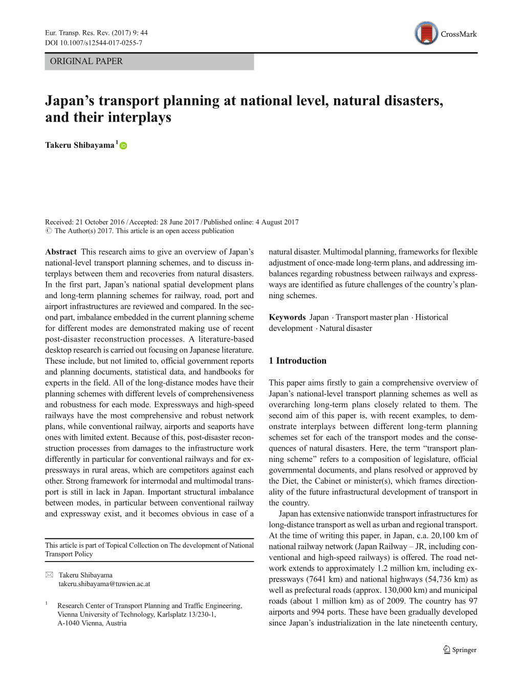 Japan's Transport Planning at National Level, Natural Disasters, and Their
