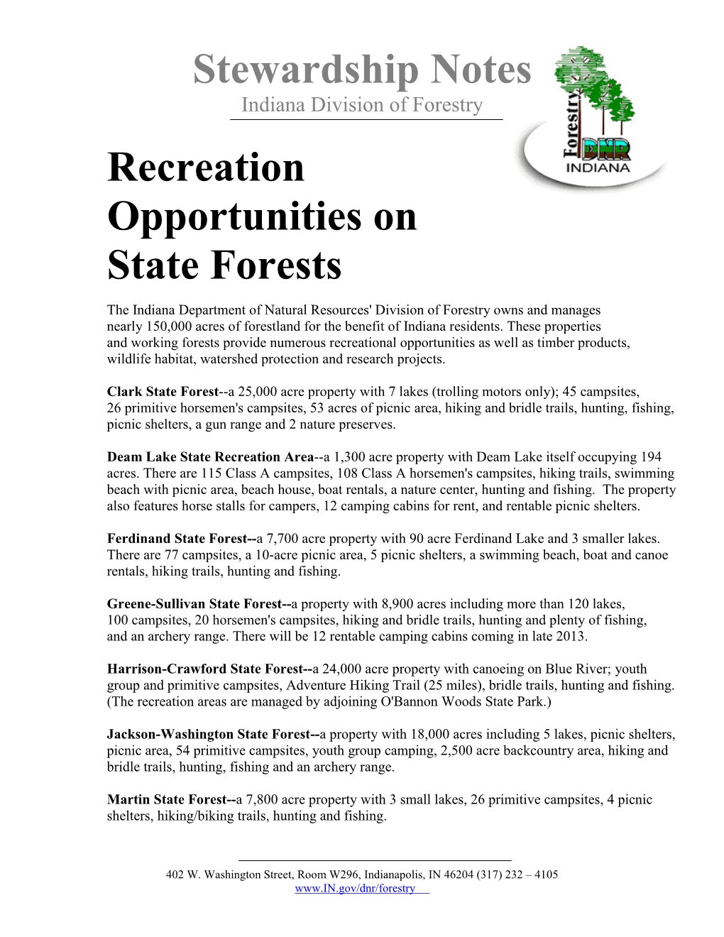 Recreational Opportunities on State Forest Properties