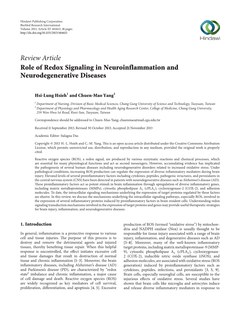 Review Article Role of Redox Signaling in Neuroinflammation and Neurodegenerative Diseases