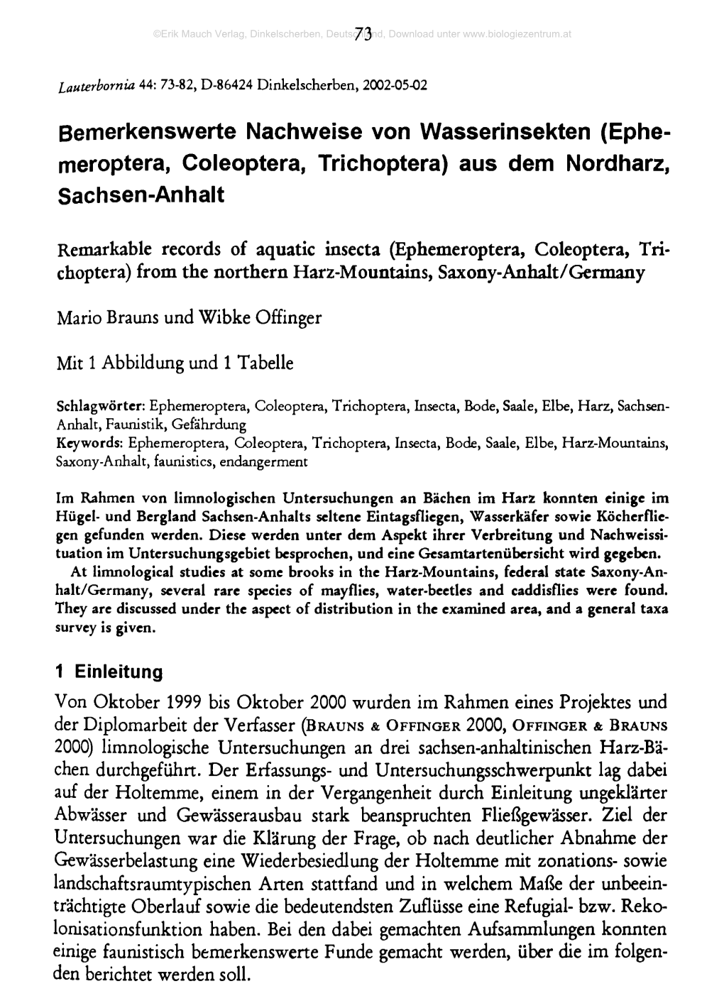 Bemerkenswerte Nachweise Von Wasserinsekten (Ephe- Meroptera, Coleoptera, Trichoptera) Aus Dem Nordharz, Sachsen-Anhalt