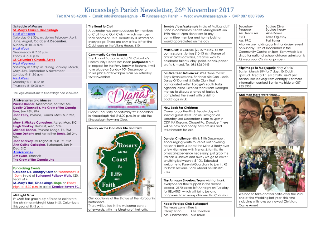 Kincasslagh Parish Newsletter, 26Th November 2017 Tel: 074 95 42006 - Email: Info@Kincasslagh.Ie - Kincasslagh Parish - Web: - SVP 087 050 7895