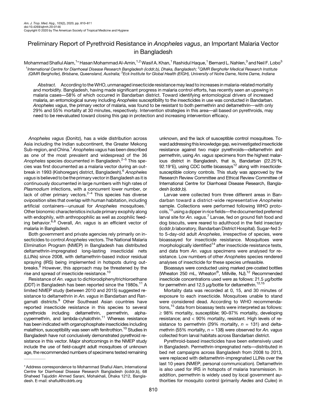 Preliminary Report of Pyrethroid Resistance in Anopheles Vagus, an Important Malaria Vector in Bangladesh