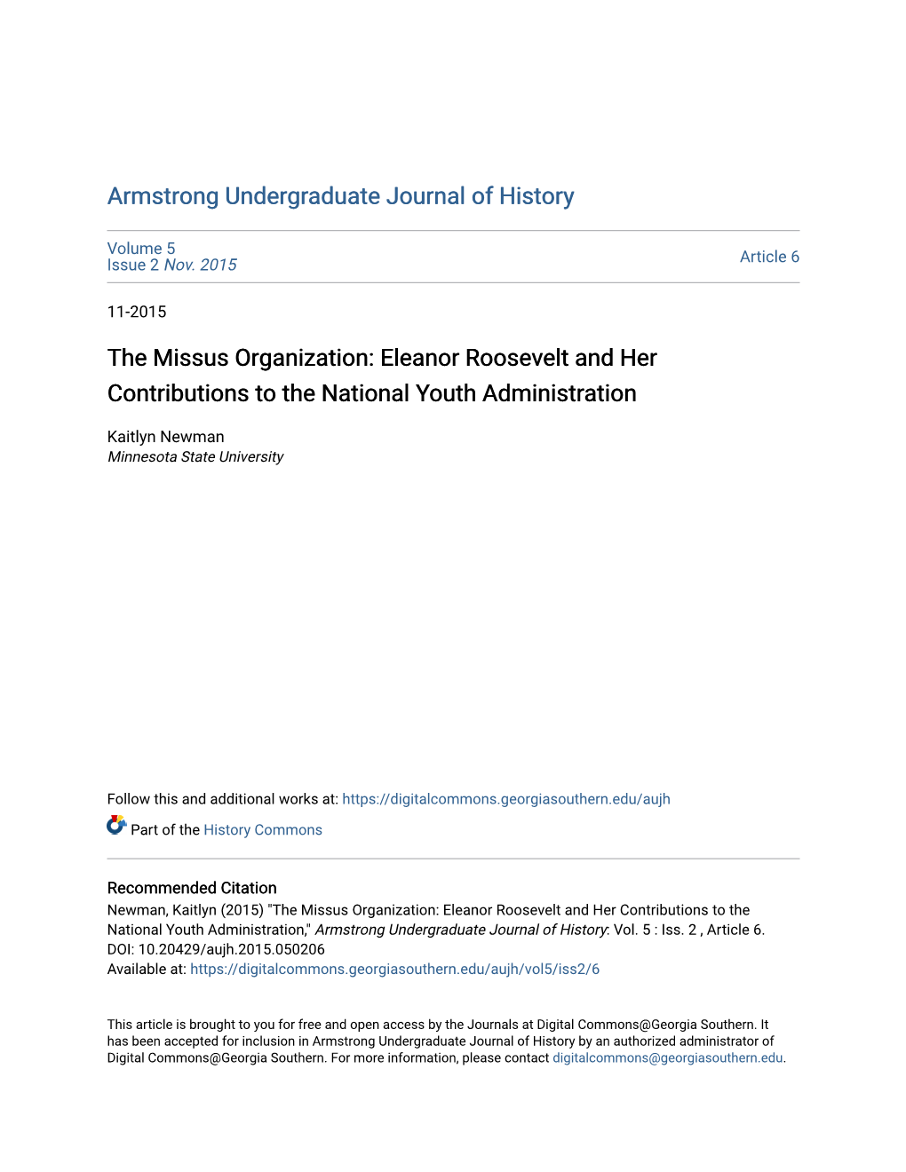 The Missus Organization: Eleanor Roosevelt and Her Contributions to the National Youth Administration