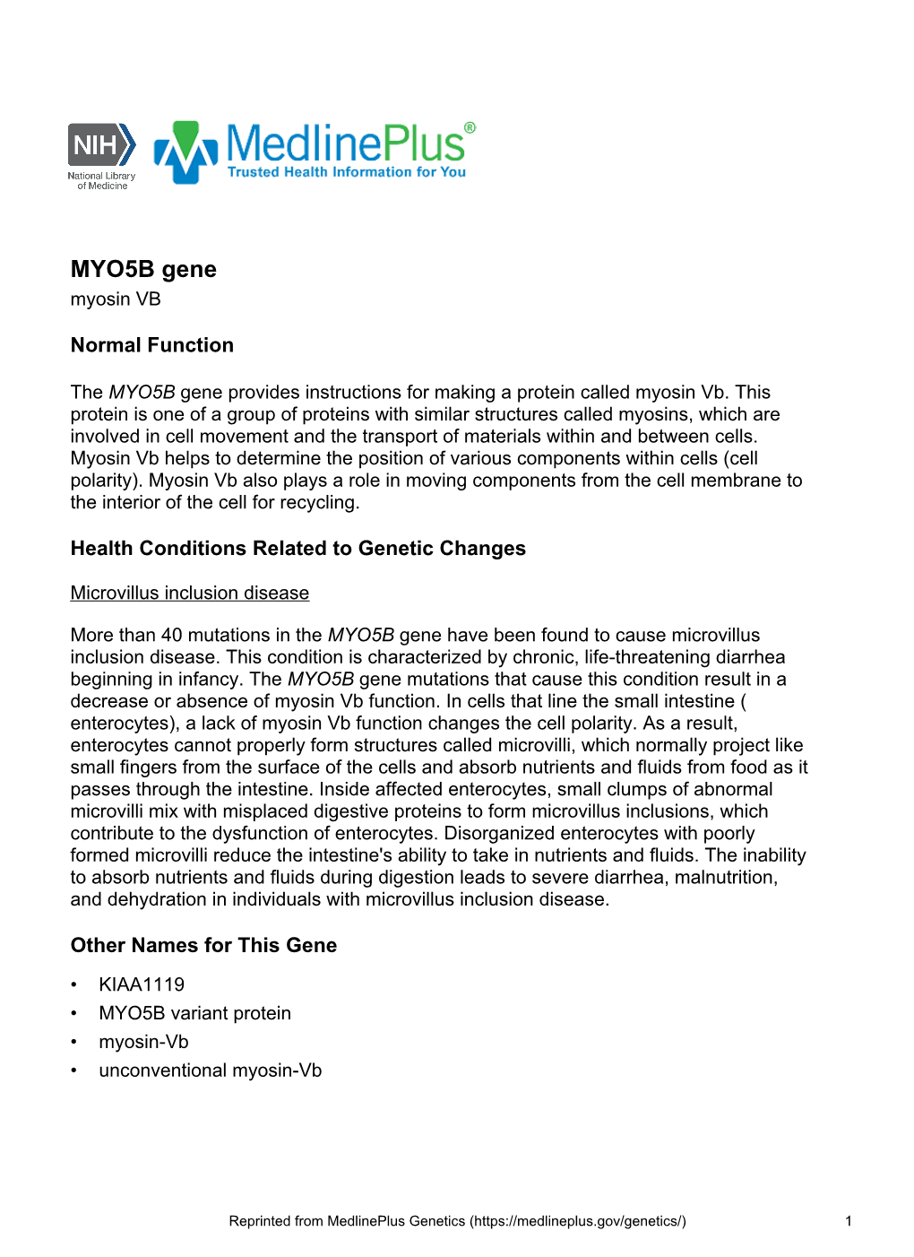 MYO5B Gene Myosin VB