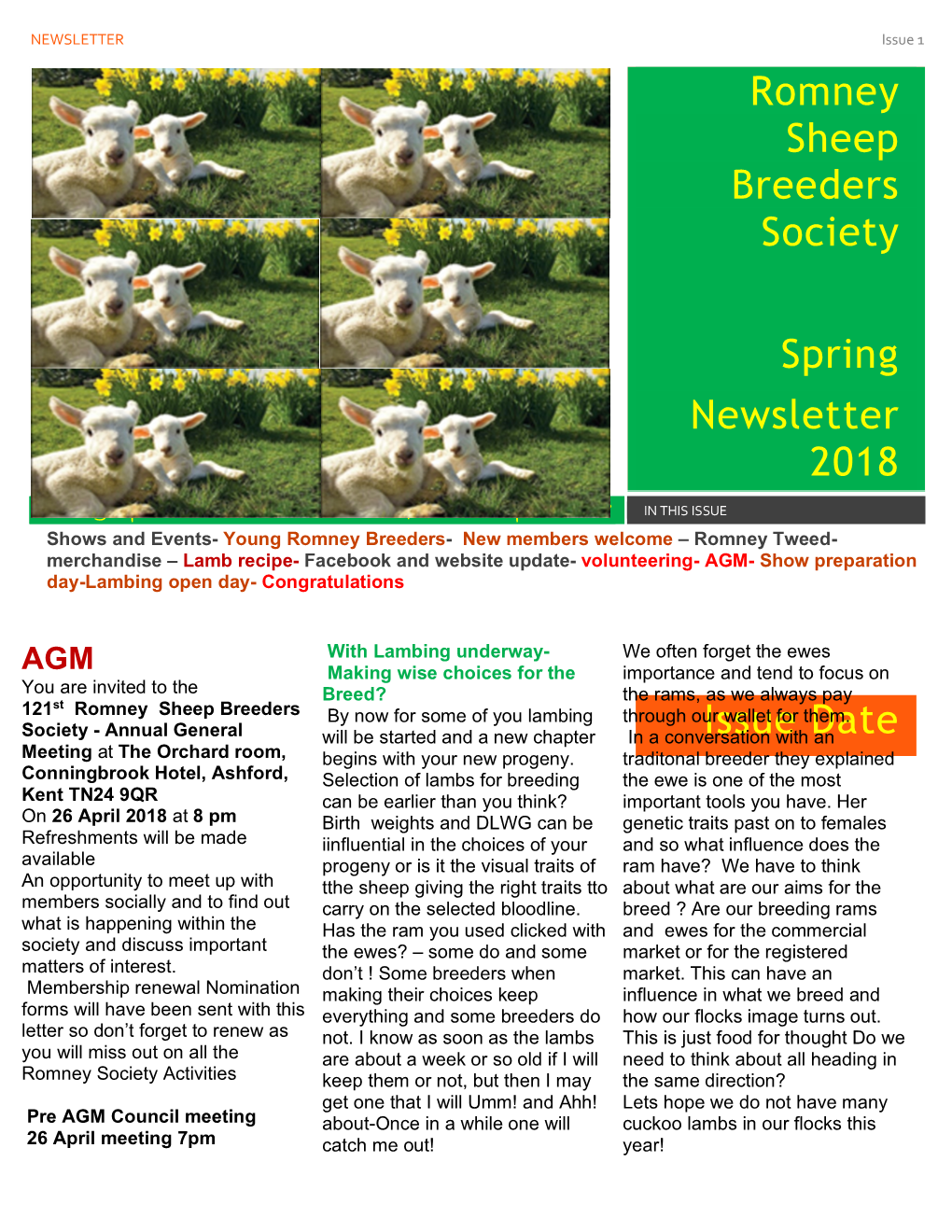 Romney Sheep Breeders Society Spring Newsletter 2018 Issue Date