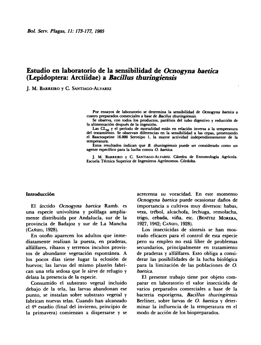 Estudio En Laboratorio De La Sensibilidad De Ocnogyna Baetica (Lepidoptera: Arctiidae) a Bacillus Thuringiensis