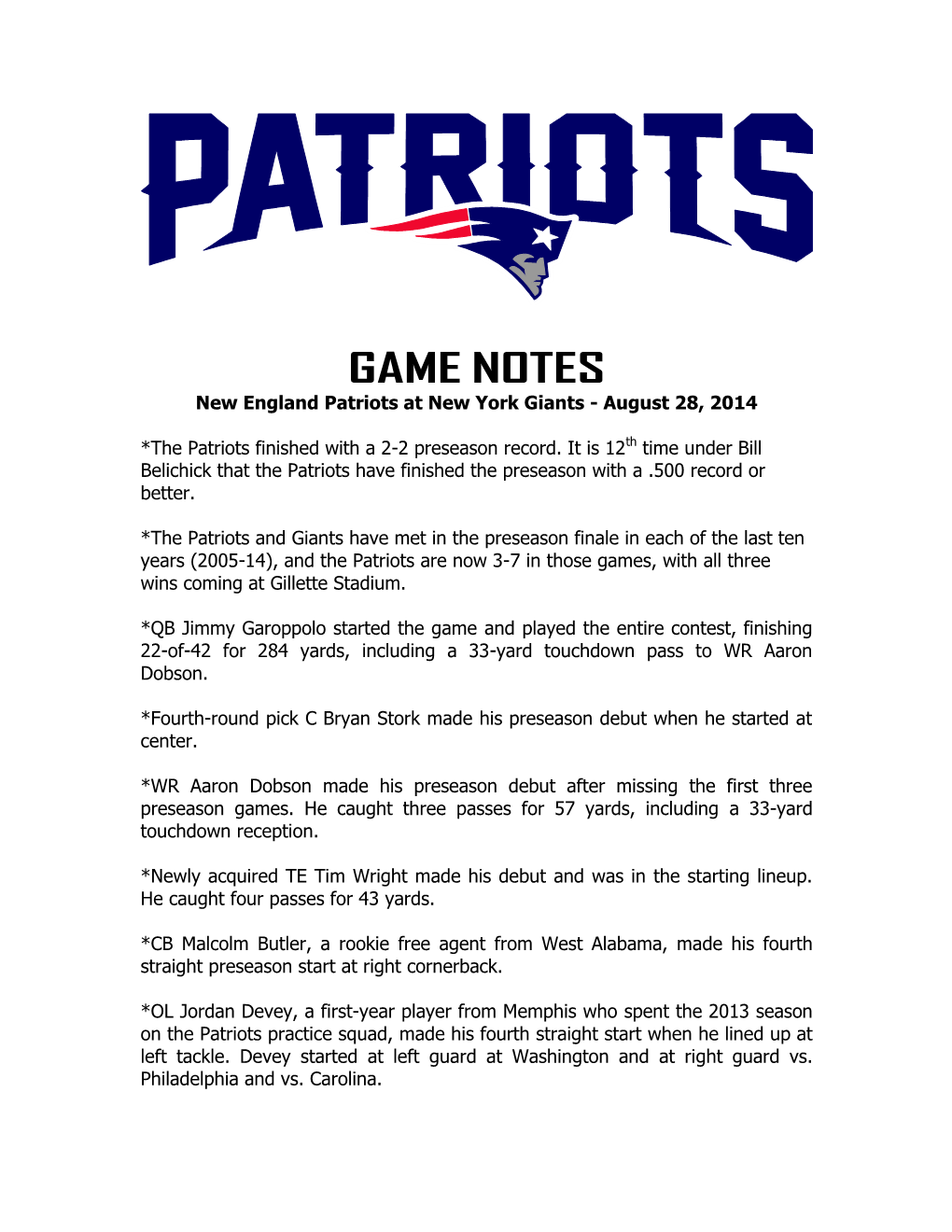 Patriots at Philadelphia Game Notes
