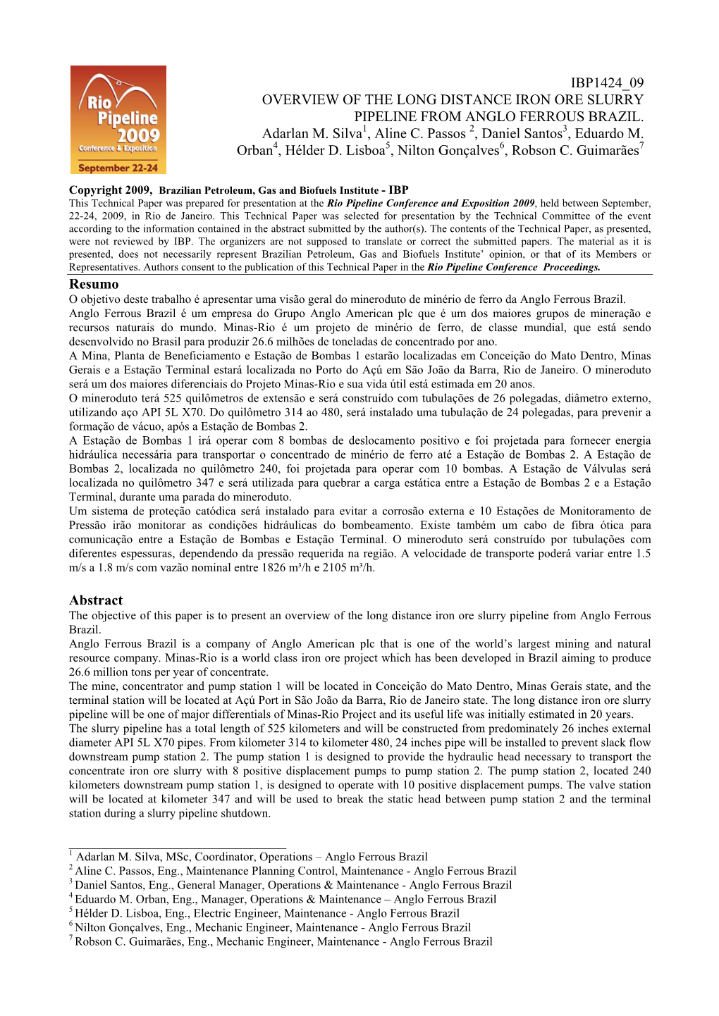 Overview of the Long Distance Iron Ore Slurry Pipeline from Anglo Ferrous Brazil