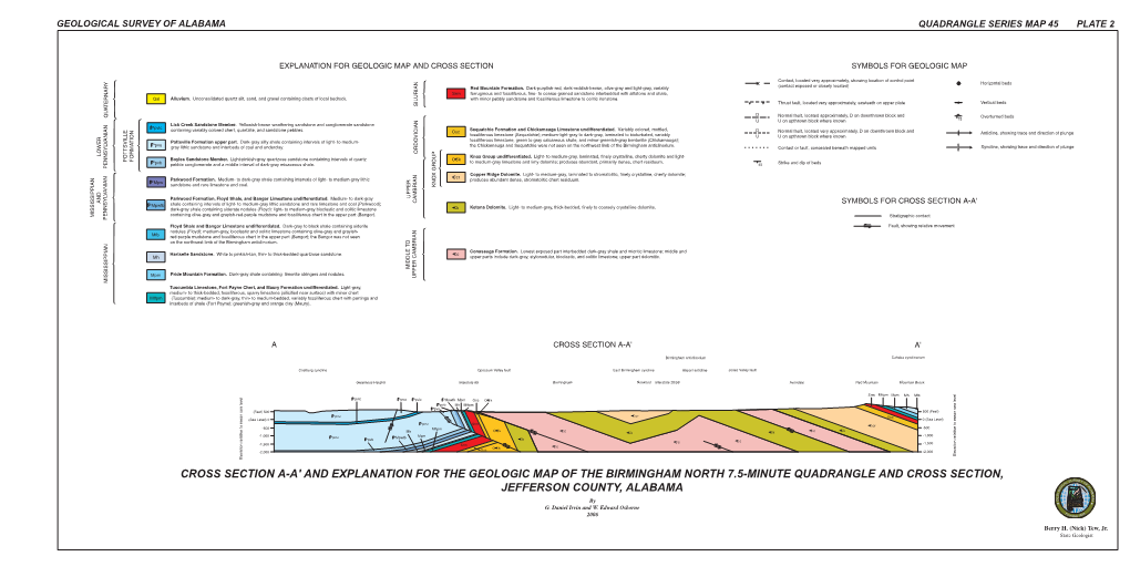 CROSS SECTION A-A' and EXPLANATION for the GEOLOGIC MAP of the BIRMINGHAM NORTH 7.5-MINUTE QUADRANGLE and CROSS SECTION, JEFFERSON COUNTY, ALABAMA by G