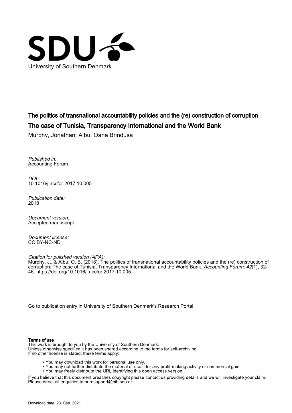 The Case of Tunisia, Transparency International and the World Bank Murphy, Jonathan; Albu, Oana Brindusa