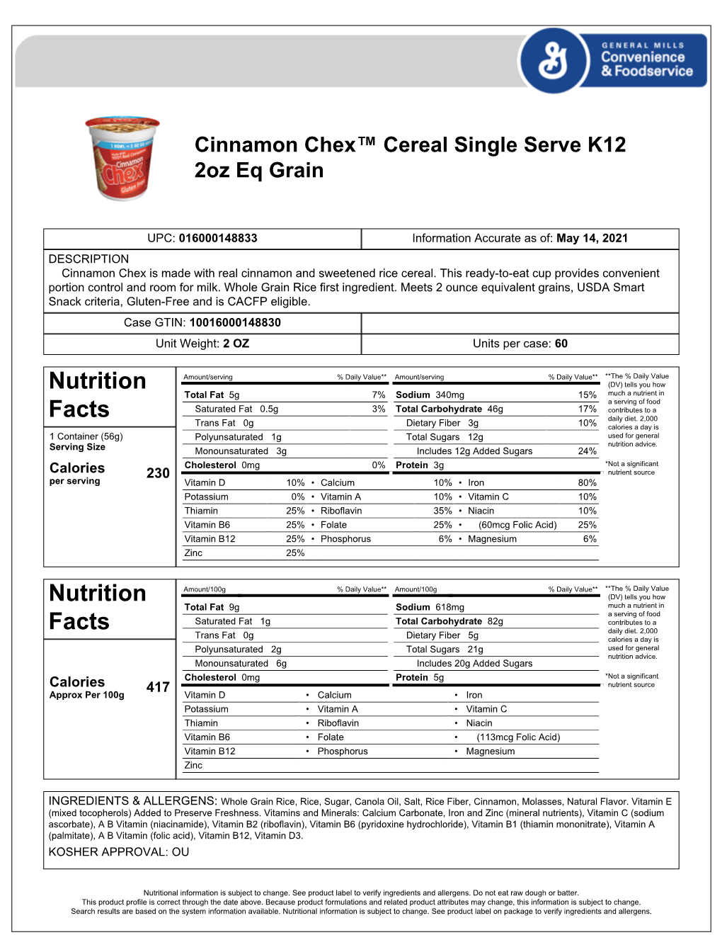 Cinnamon Chex™ Cereal Single Serve K12 2Oz Eq Grain