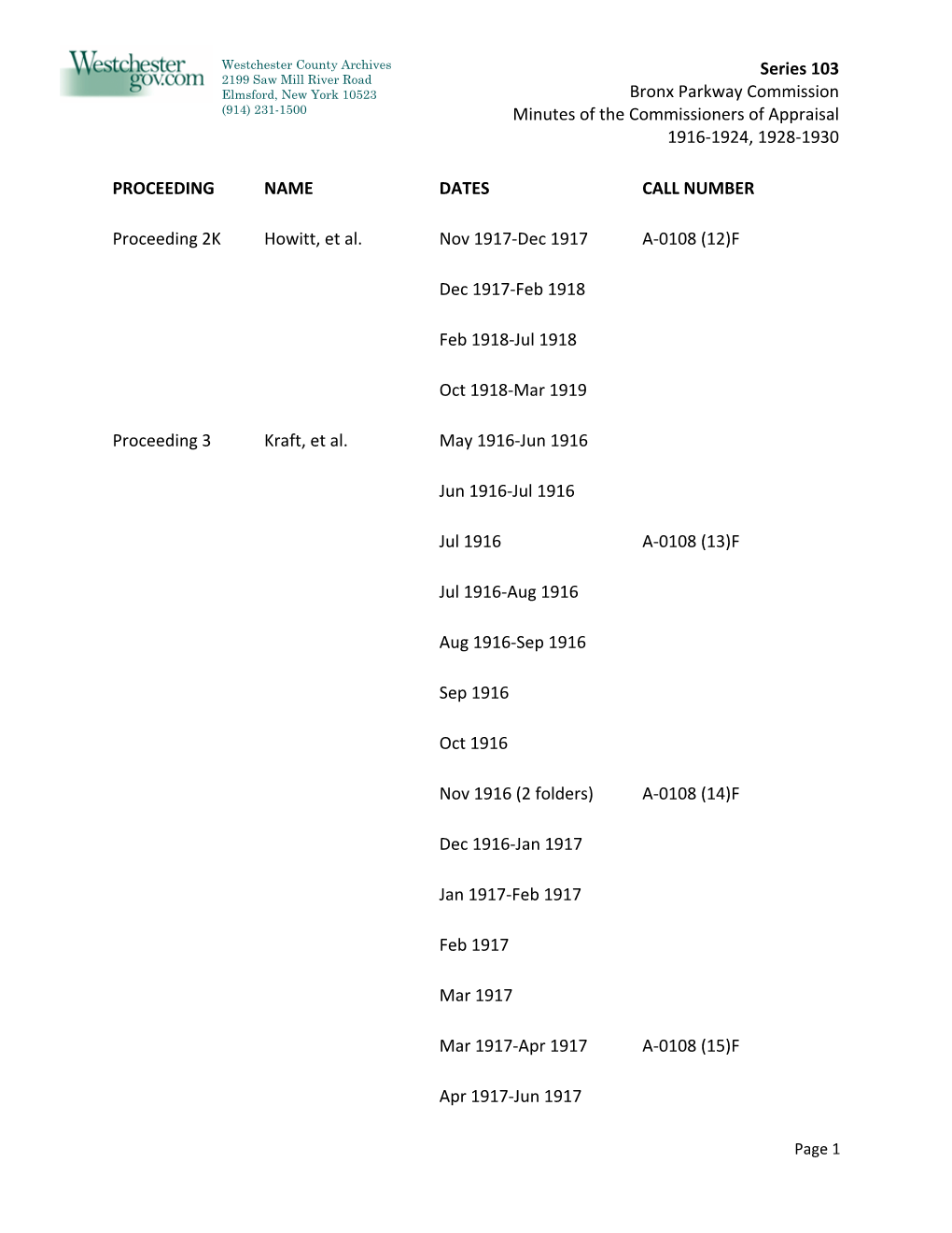 Series 103 Bronx Parkway Commission Minutes of The