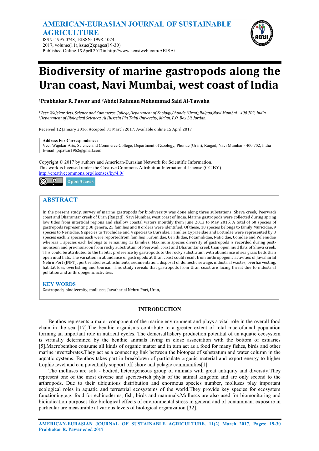 Biodiversity of Marine Gastropods Along the Uran Coast, Navi Mumbai