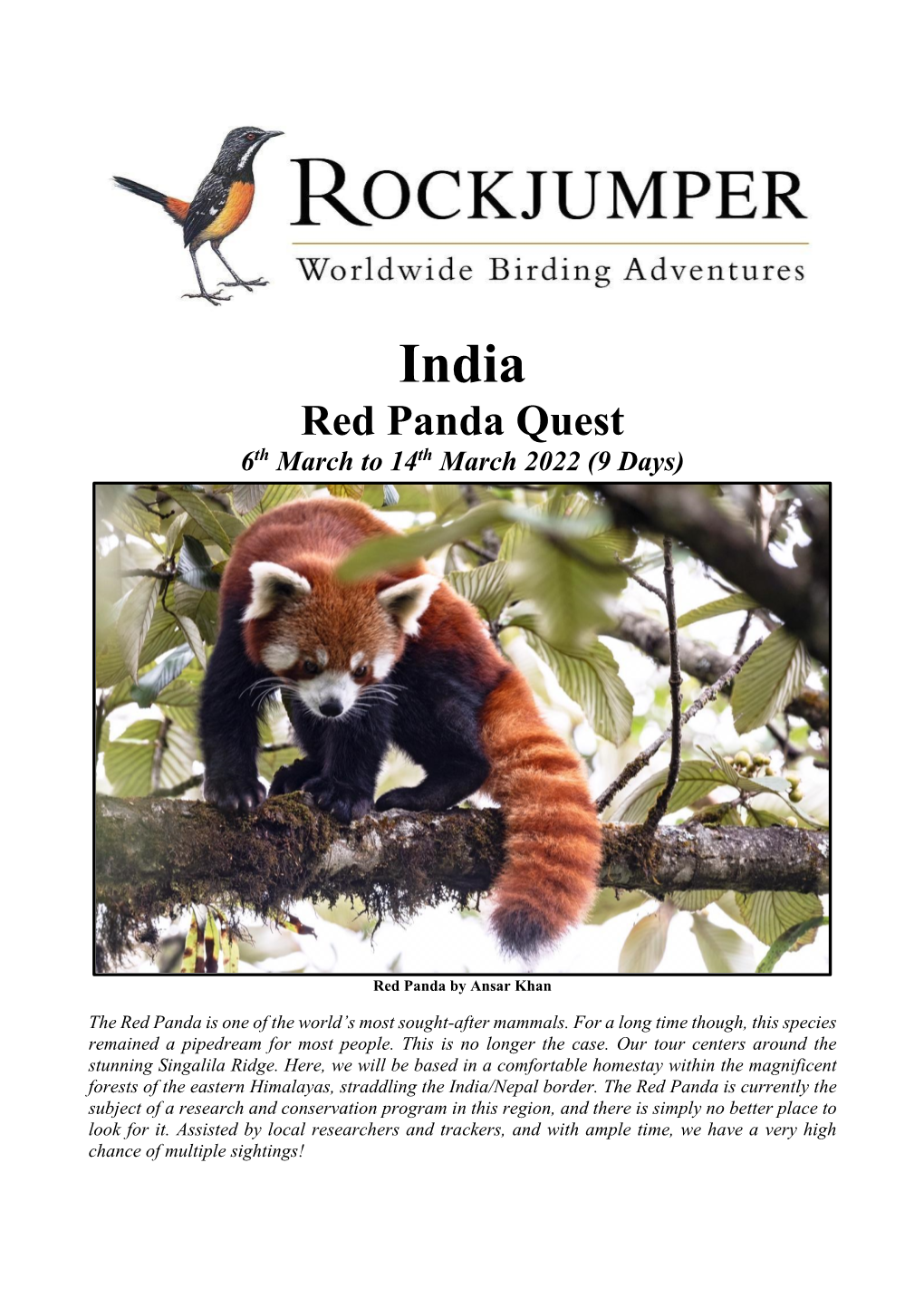 Red Panda Quest 6Th March to 14Th March 2022 (9 Days)