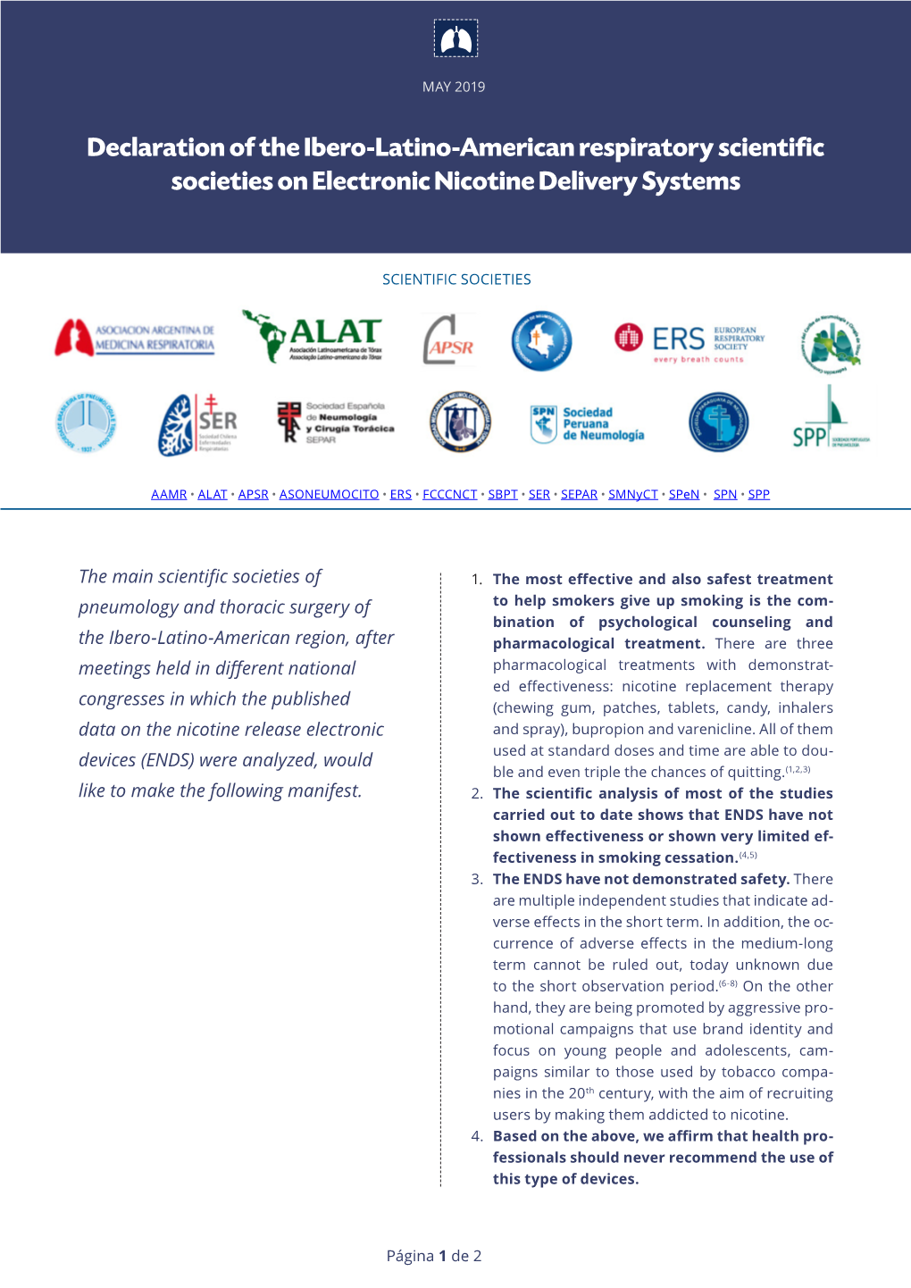 Declaration of the Ibero-Latino-American Respiratory Scientific Societies on Electronic Nicotine Delivery Systems