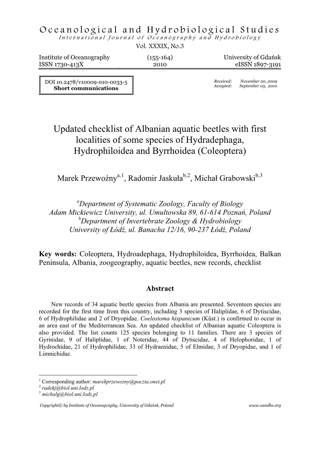 Updated Checklist of Albanian Aquatic Beetles with First Localities of Some Species of Hydradephaga, Hydrophiloidea and Byrrhoidea (Coleoptera)