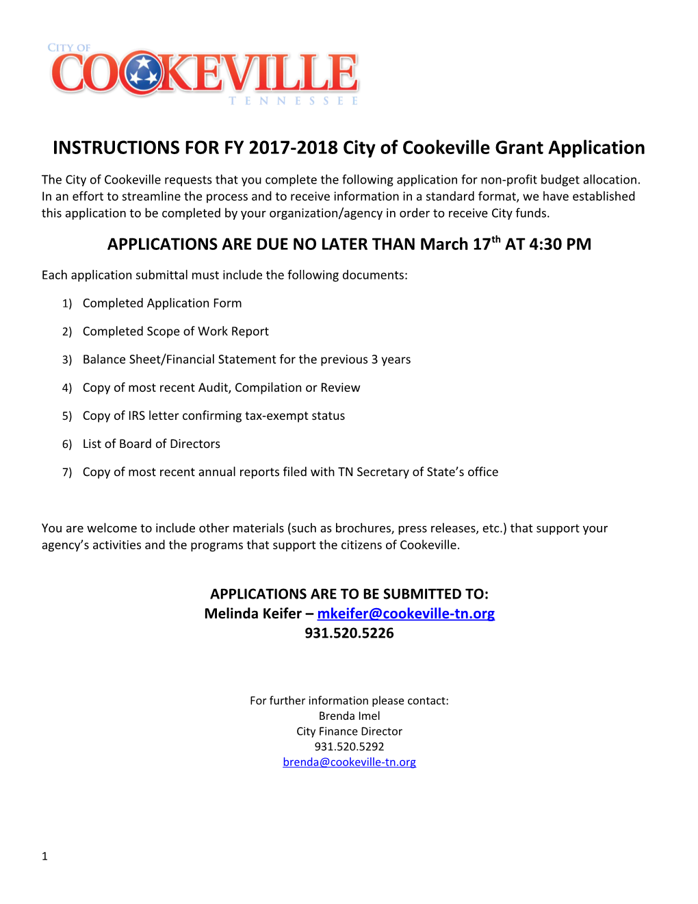 INSTRUCTIONS for FY 2017-2018 City of Cookeville Grant Application