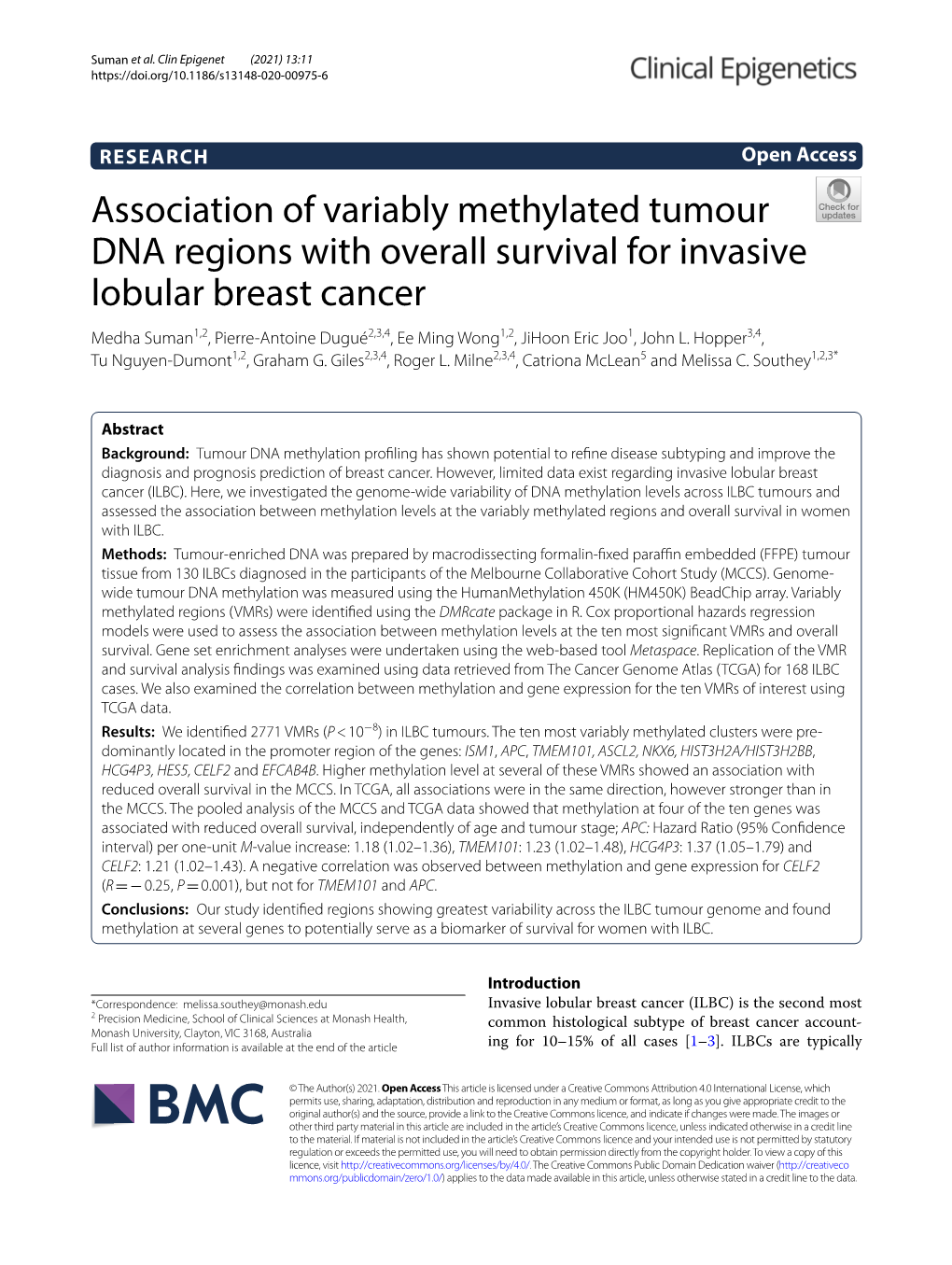 Association of Variably Methylated Tumour DNA Regions with Overall