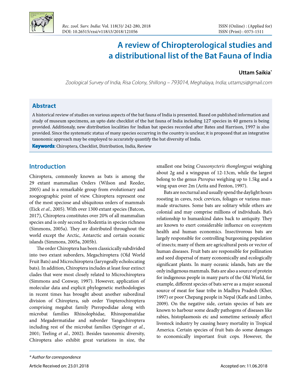 A Review of Chiropterological Studies and a Distributional List of the Bat Fauna of India