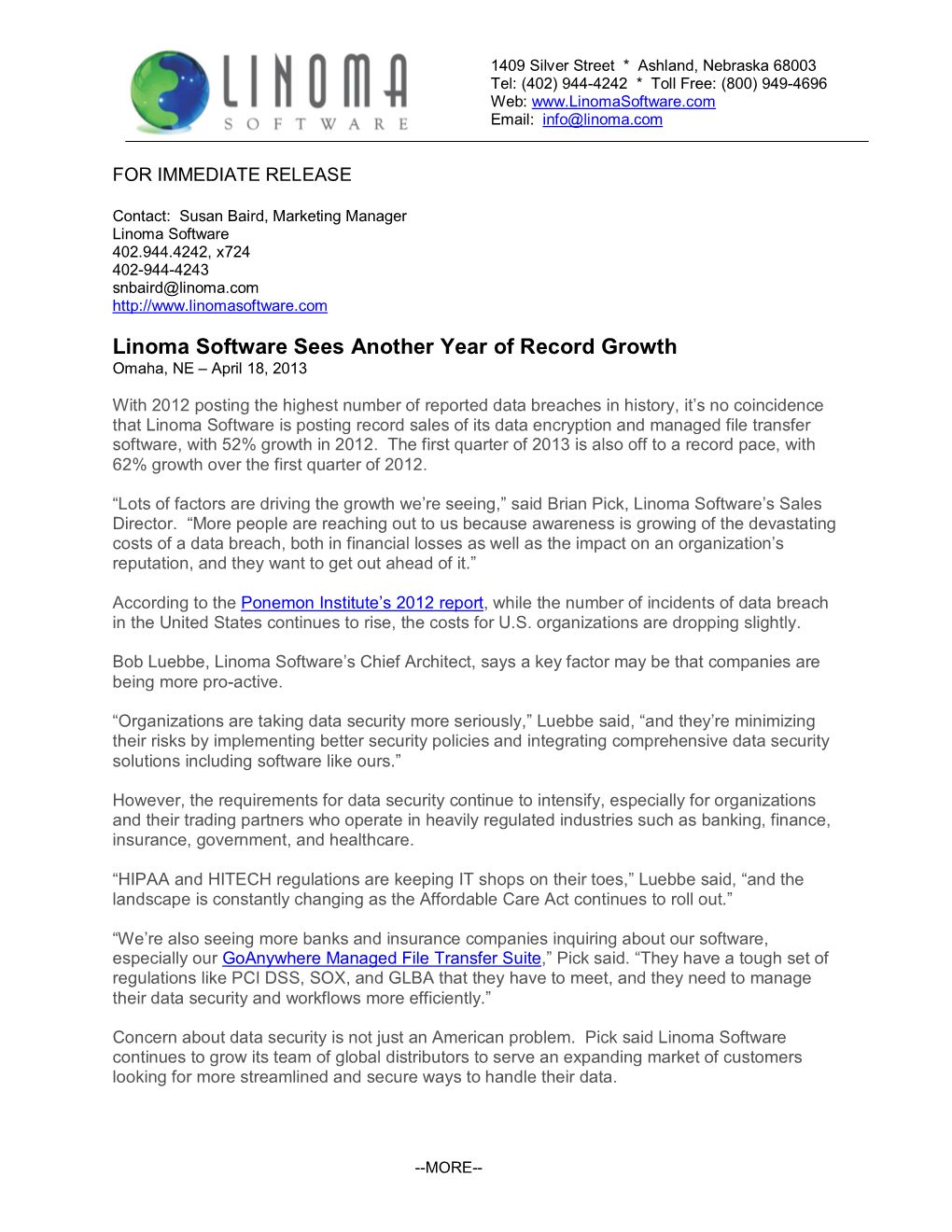 Linoma Software Sees Another Year of Record Growth Omaha, NE – April 18, 2013