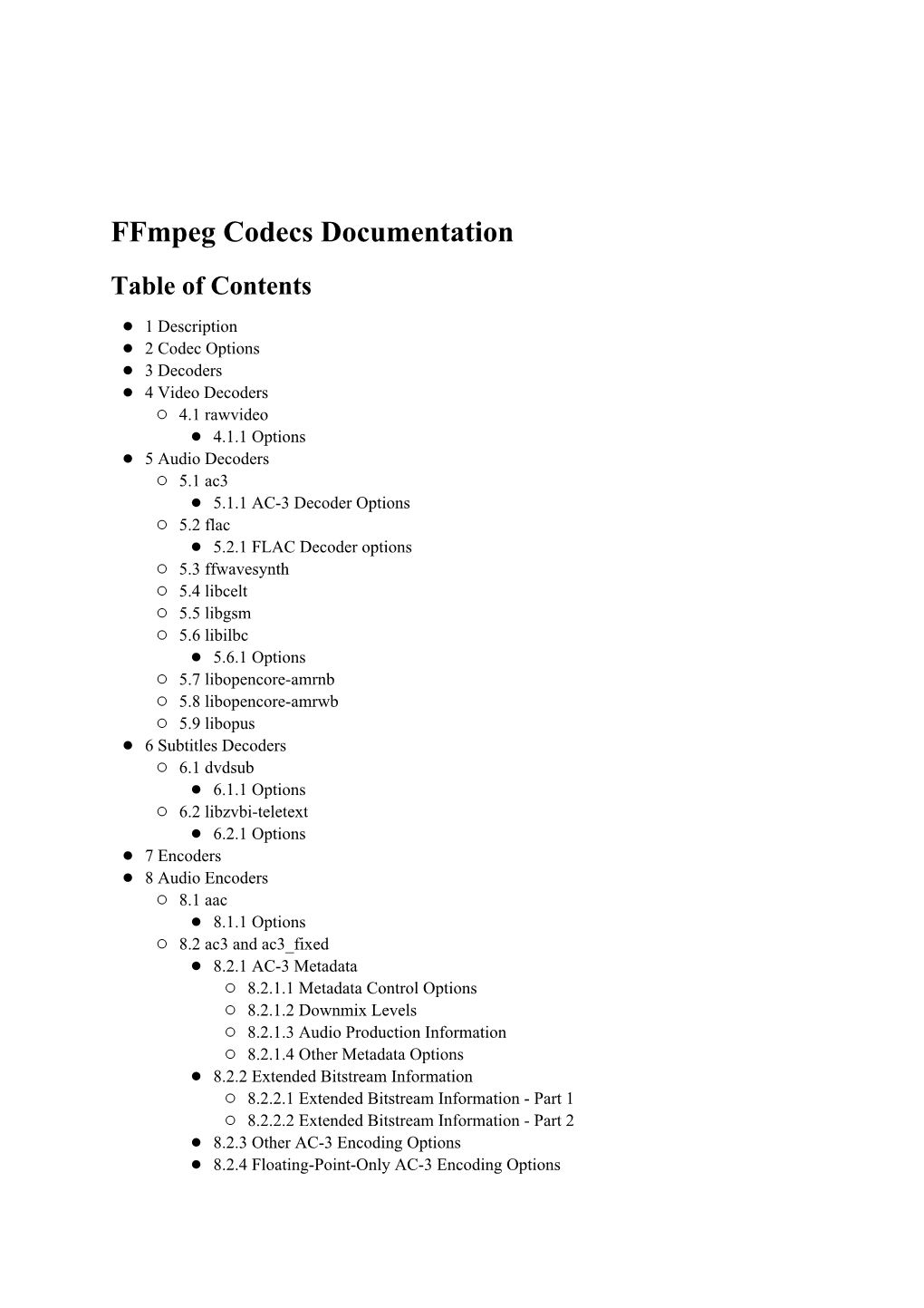 Ffmpeg Codecs Documentation Table of Contents