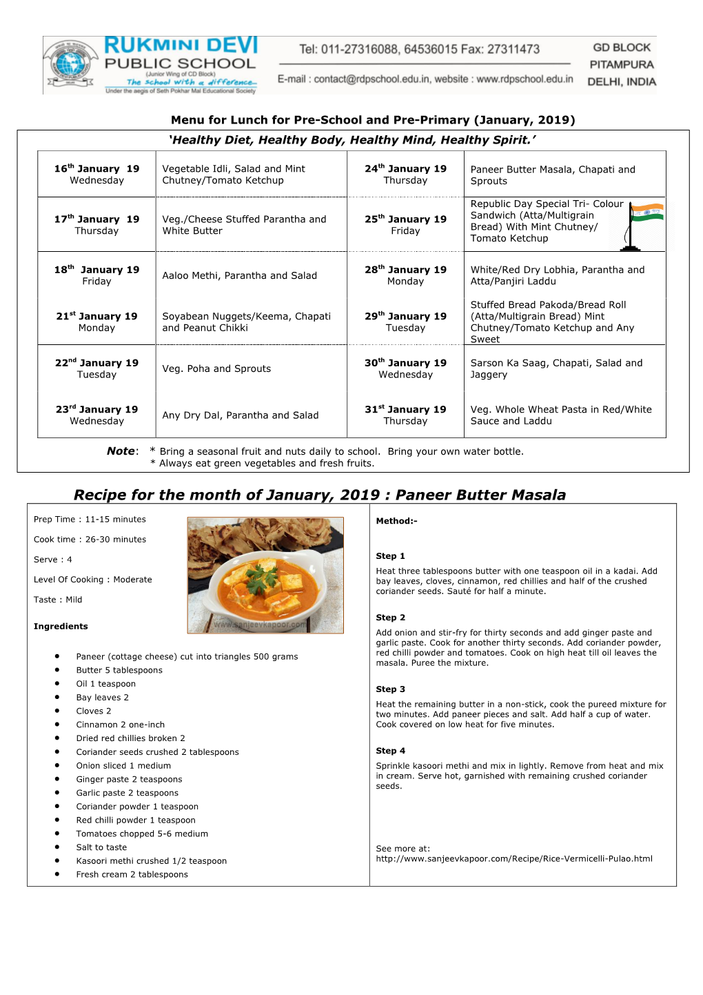 Recipe for the Month of January, 2019 : Paneer Butter Masala