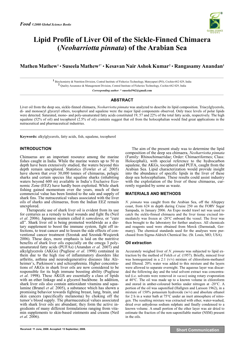 Lipid Profile of Liver Oil of the Sickle-Finned Chimaera (Neoharriotta Pinnata) of the Arabian Sea