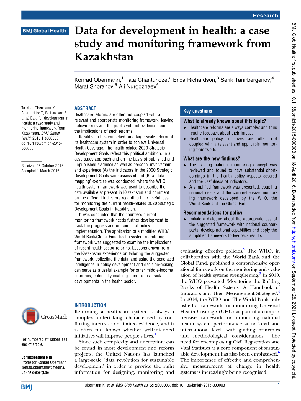 Data for Development in Health: a Case Study and Monitoring Framework from Kazakhstan