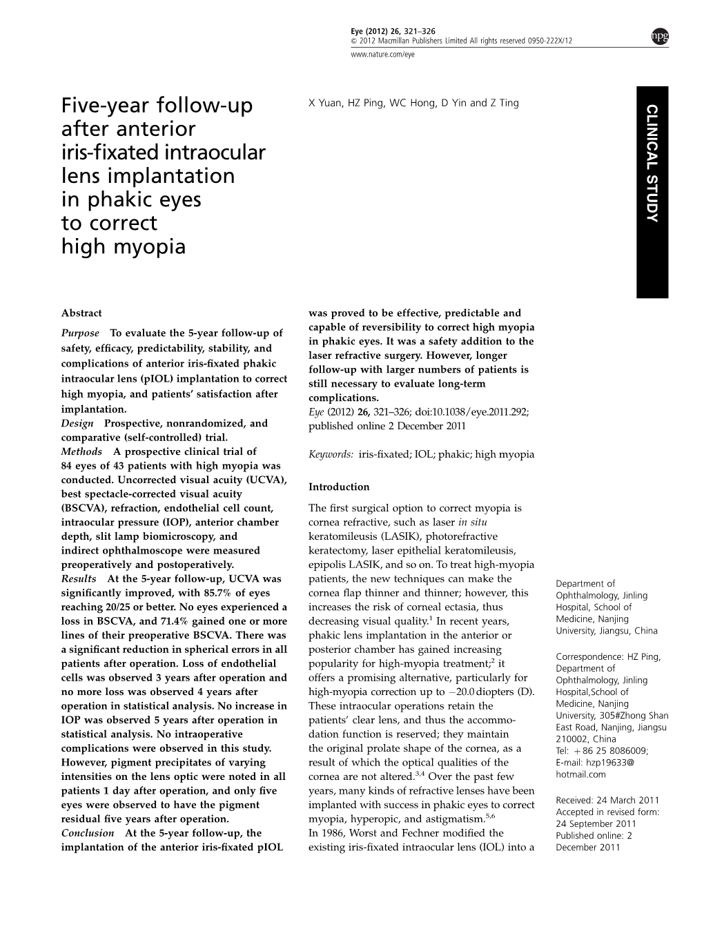 Five-Year Follow-Up After Anterior Iris-Fixated Intraocular Lens