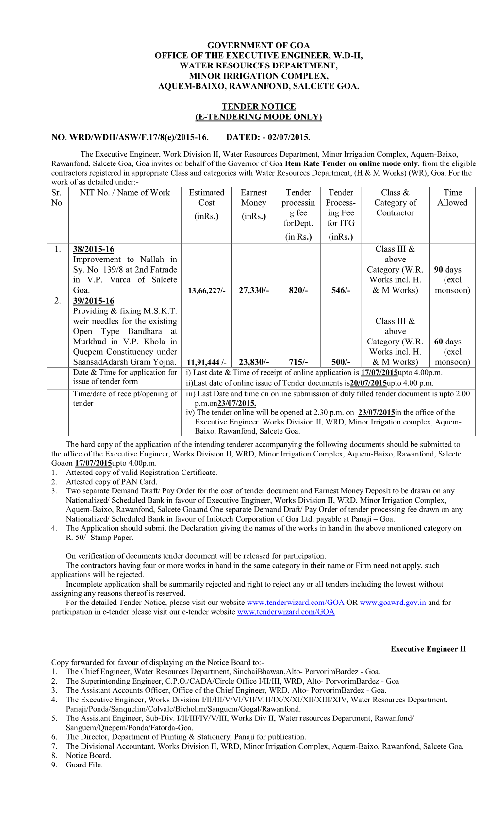 Government of Goa Office of the Executive Engineer, W.D-Ii, Water Resources Department, Minor Irrigation Complex, Aquem-Baixo, Rawanfond, Salcete Goa