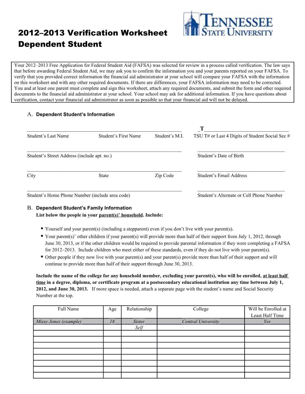 2012 2013 Verification Worksheet