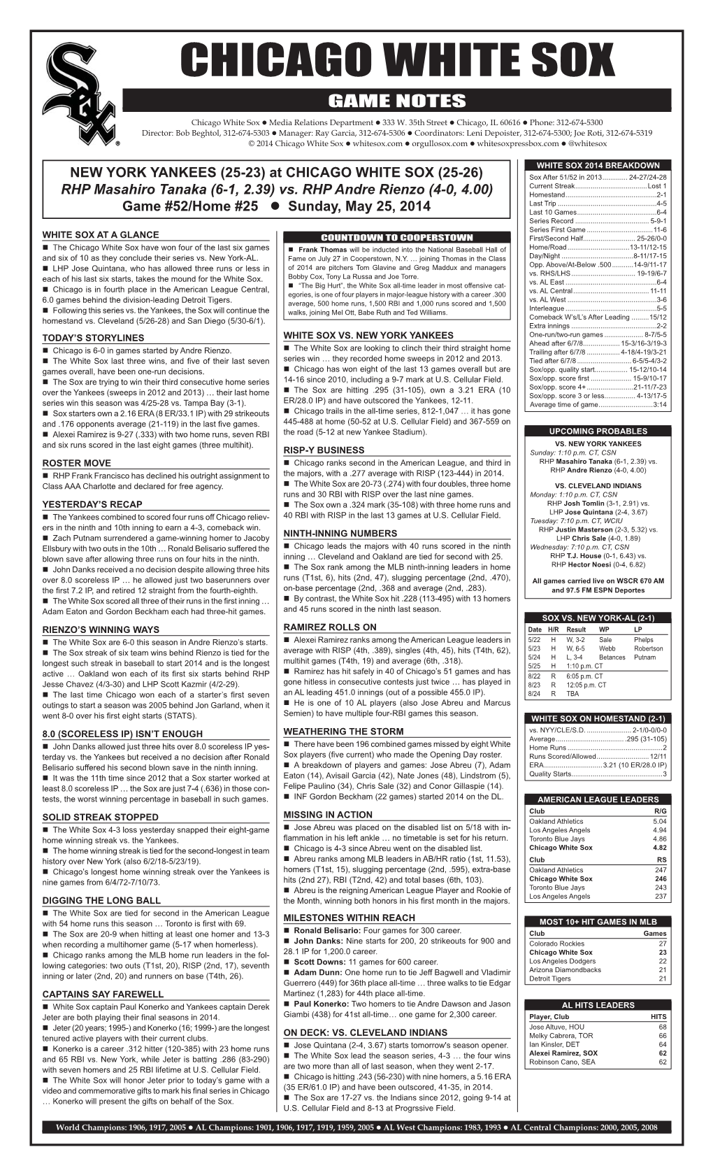 Chicago White Sox Game Notes