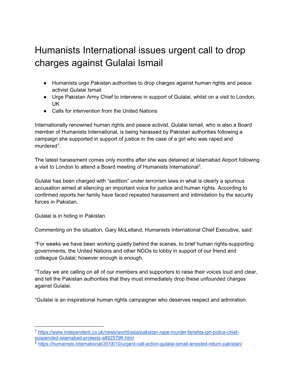 Humanists International Issues Urgent Call to Drop Charges Against Gulalai Ismail