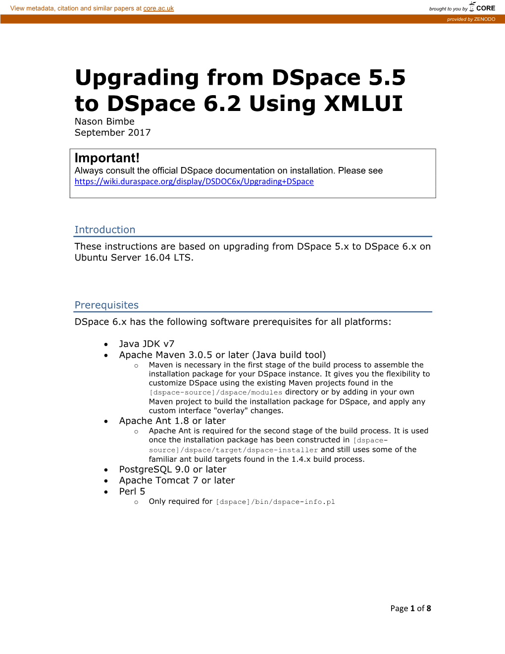 Upgrading from Dspace 5.5 to Dspace 6.2 Using XMLUI Nason Bimbe September 2017