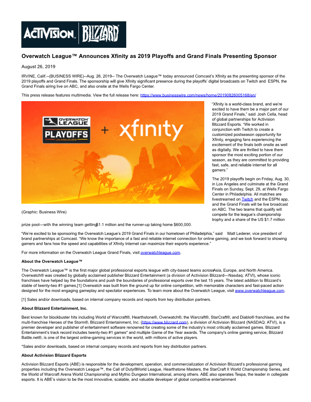 Overwatch League™ Announces Xfinity As 2019 Playoffs and Grand Finals Presenting Sponsor