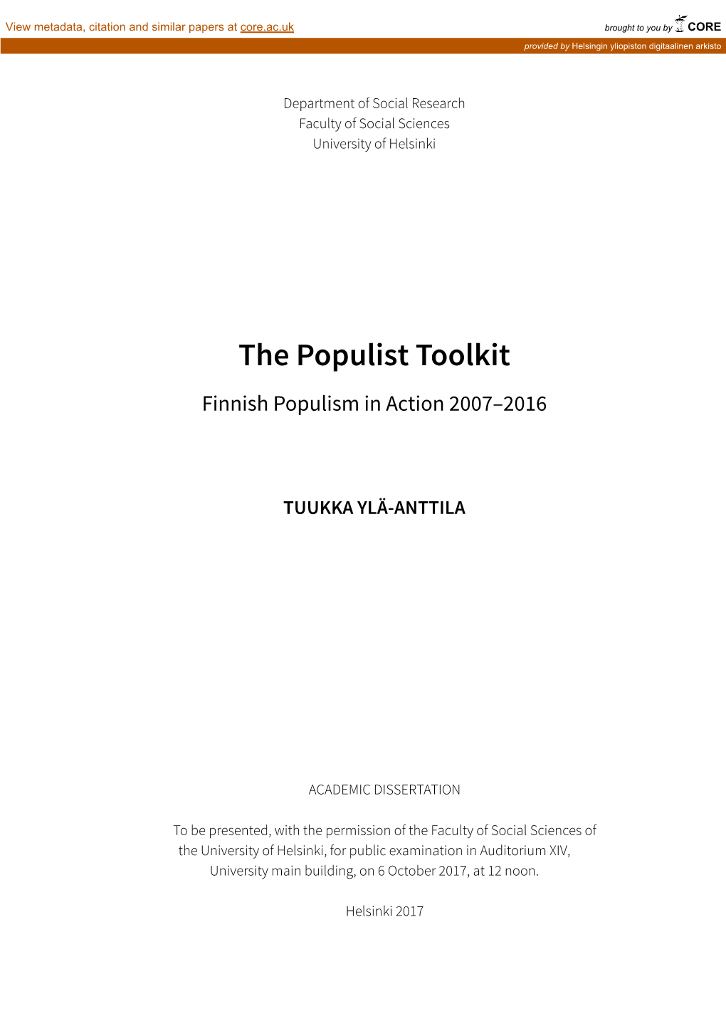 The Populist Toolkit; Finnish Populism in Action 2007–2016