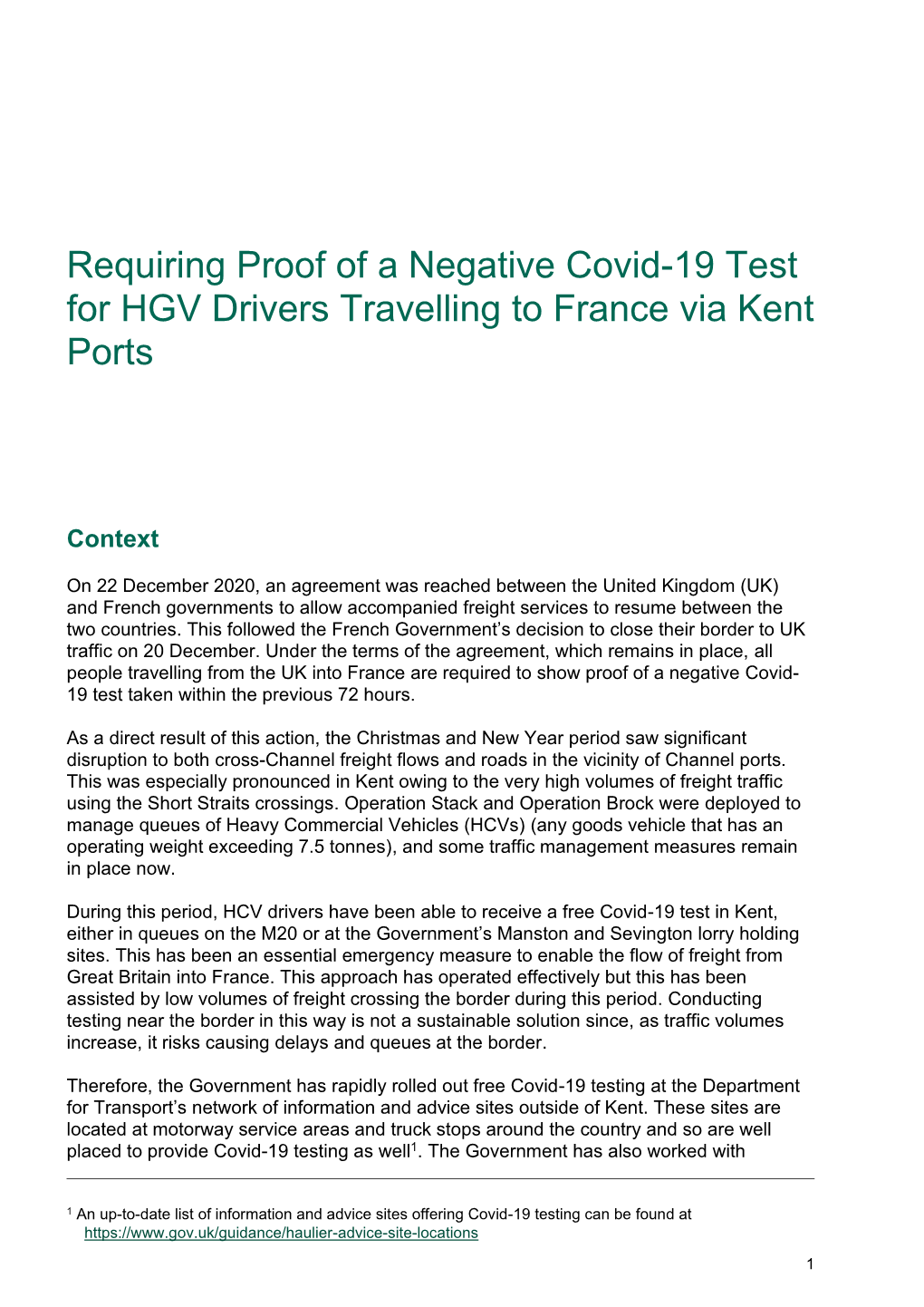 Requiring Proof of a Negative Covid-19 Test for HGV Drivers Travelling to France Via Kent Ports