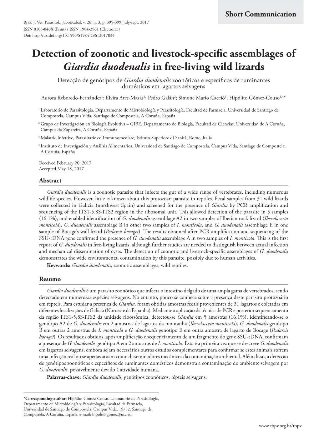 Detection of Zoonotic and Livestock-Specific Assemblages of Giardia Duodenalis in Free-Living Wild Lizards