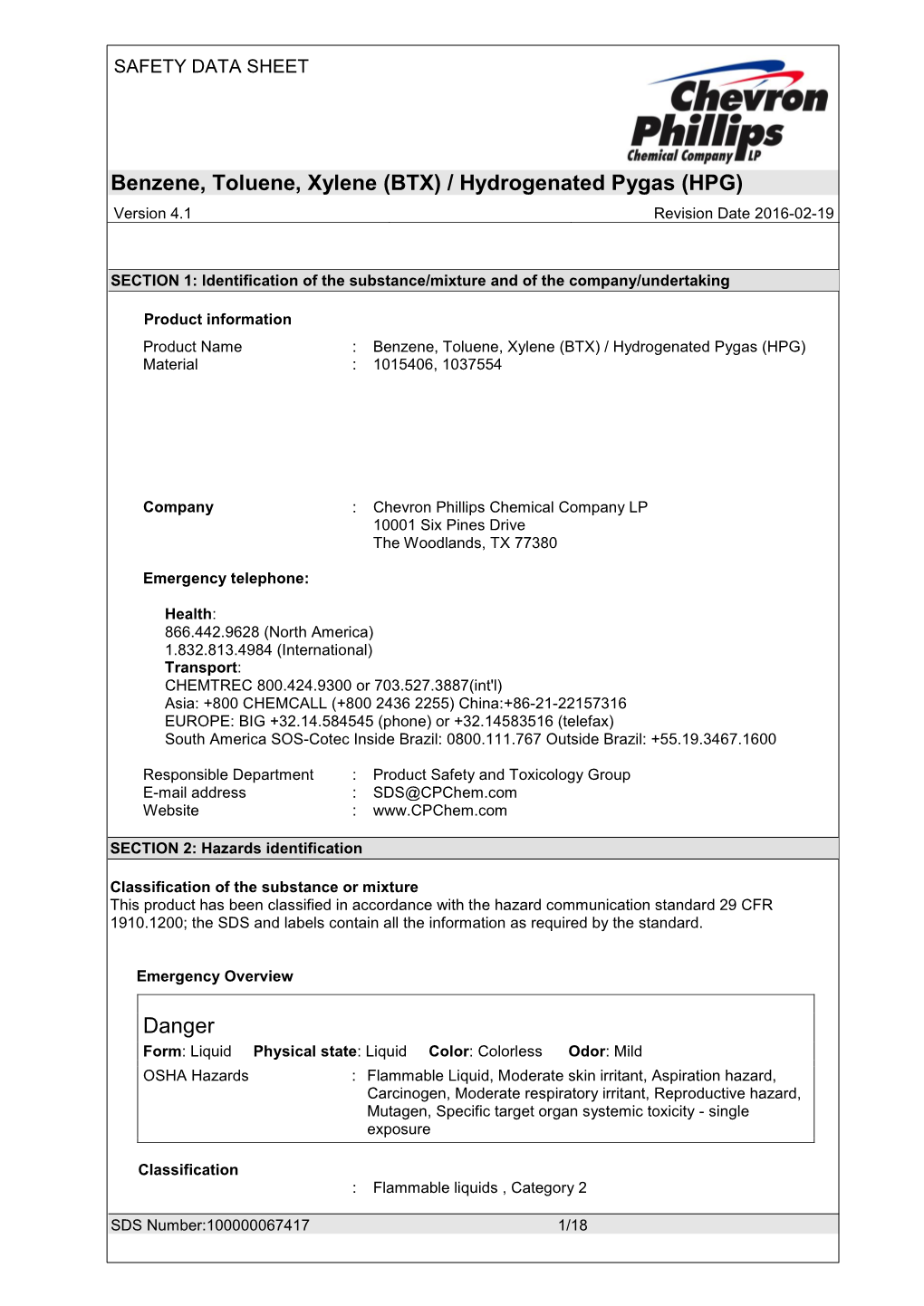 Benzene, Toluene, Xylene (BTX) / Hydrogenated Pygas (HPG) Danger