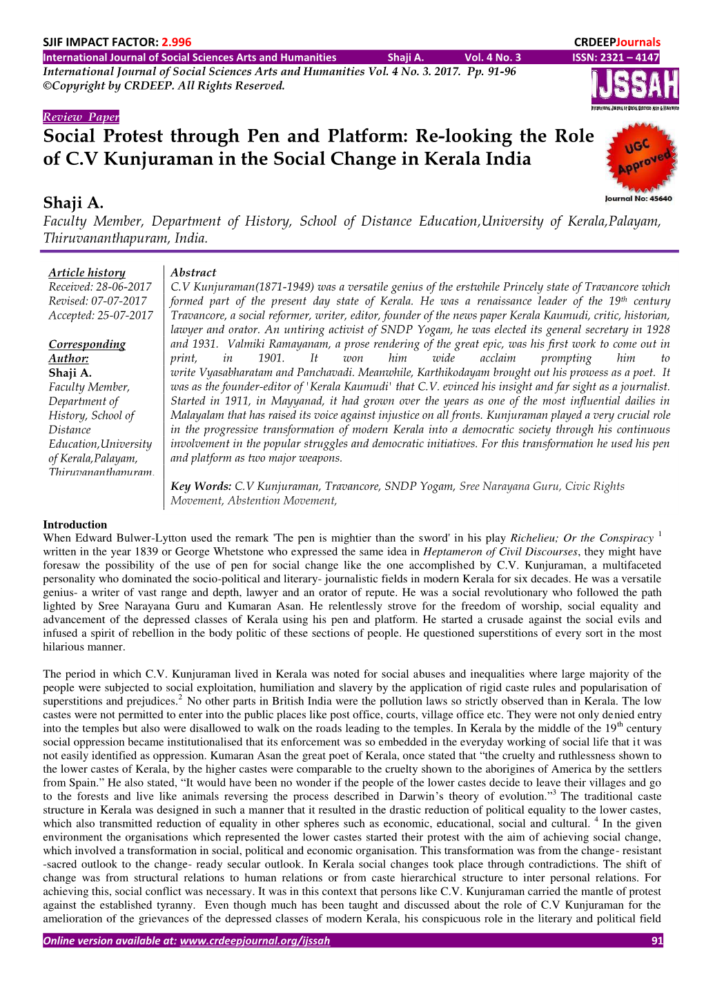 Re-Looking the Role of CV Kunjuraman in the Social Change